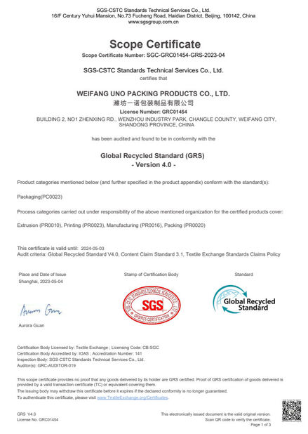 Κίνα WEIFANG UNO PACKING PRODUCTS CO.,LTD Πιστοποιήσεις