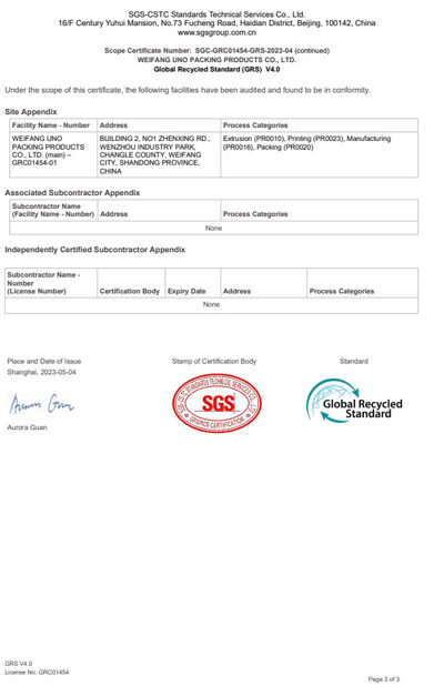 Κίνα WEIFANG UNO PACKING PRODUCTS CO.,LTD Πιστοποιήσεις